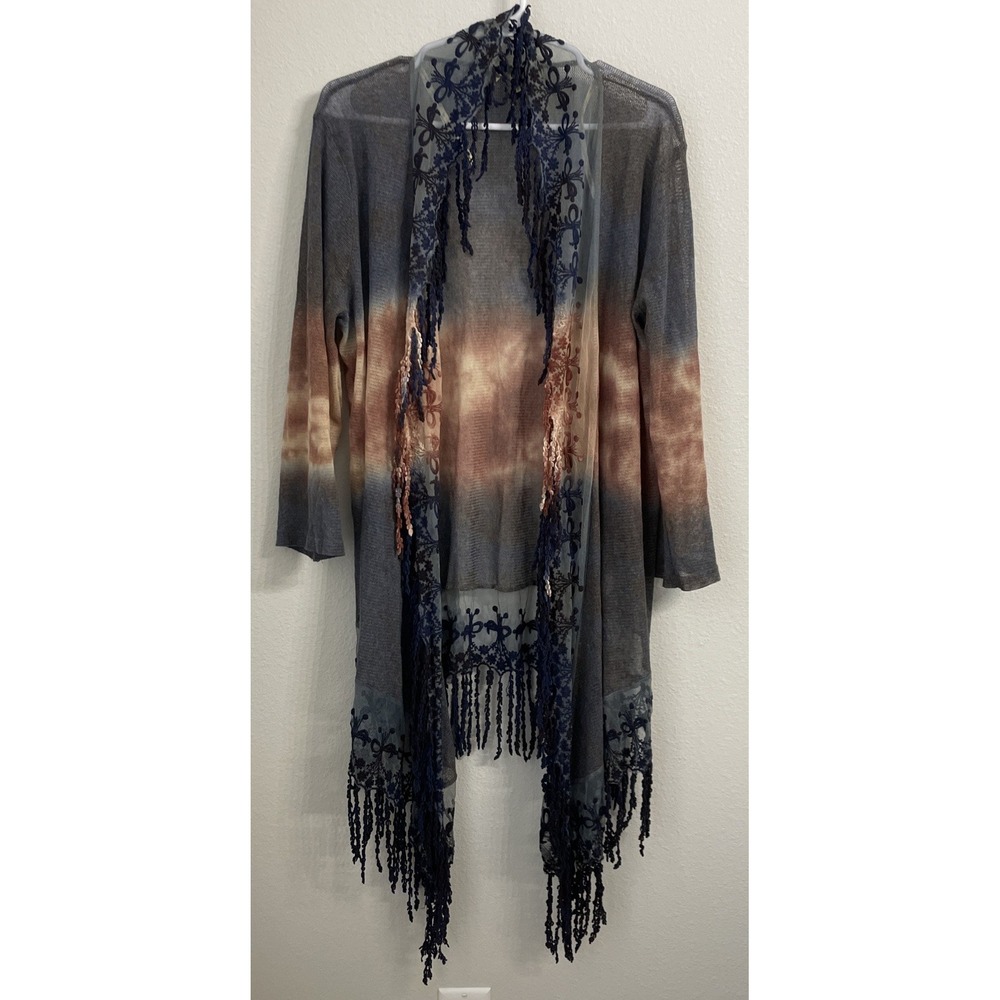 GIMMICKS BKE Blue/Mauve Ombre TOP OPEN KIMONO CARDIGAN Fringe SHEER MESH Lace L